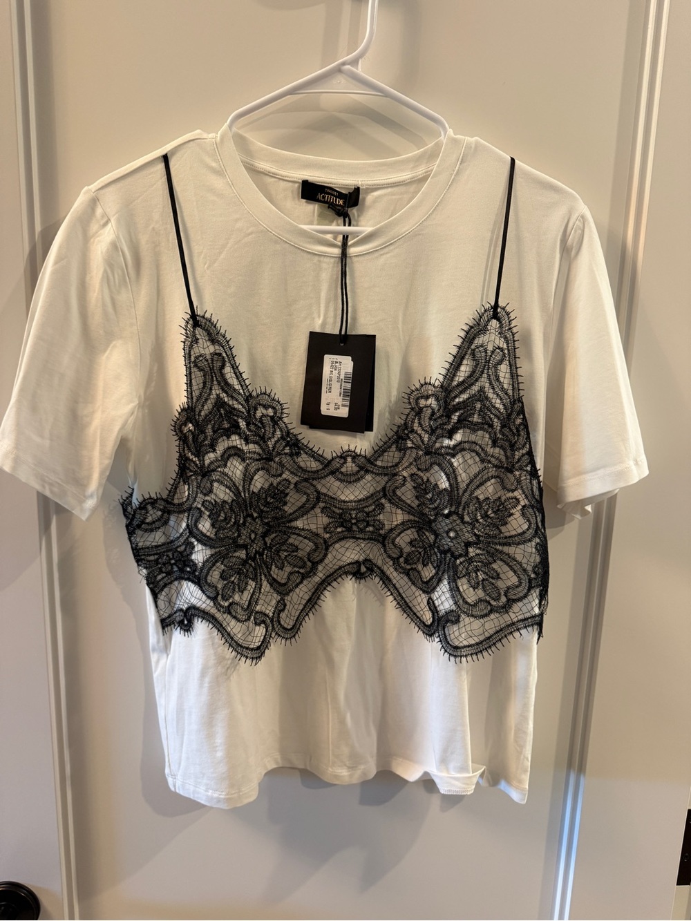 TwinSet White Tee with Black Lace Appliqué